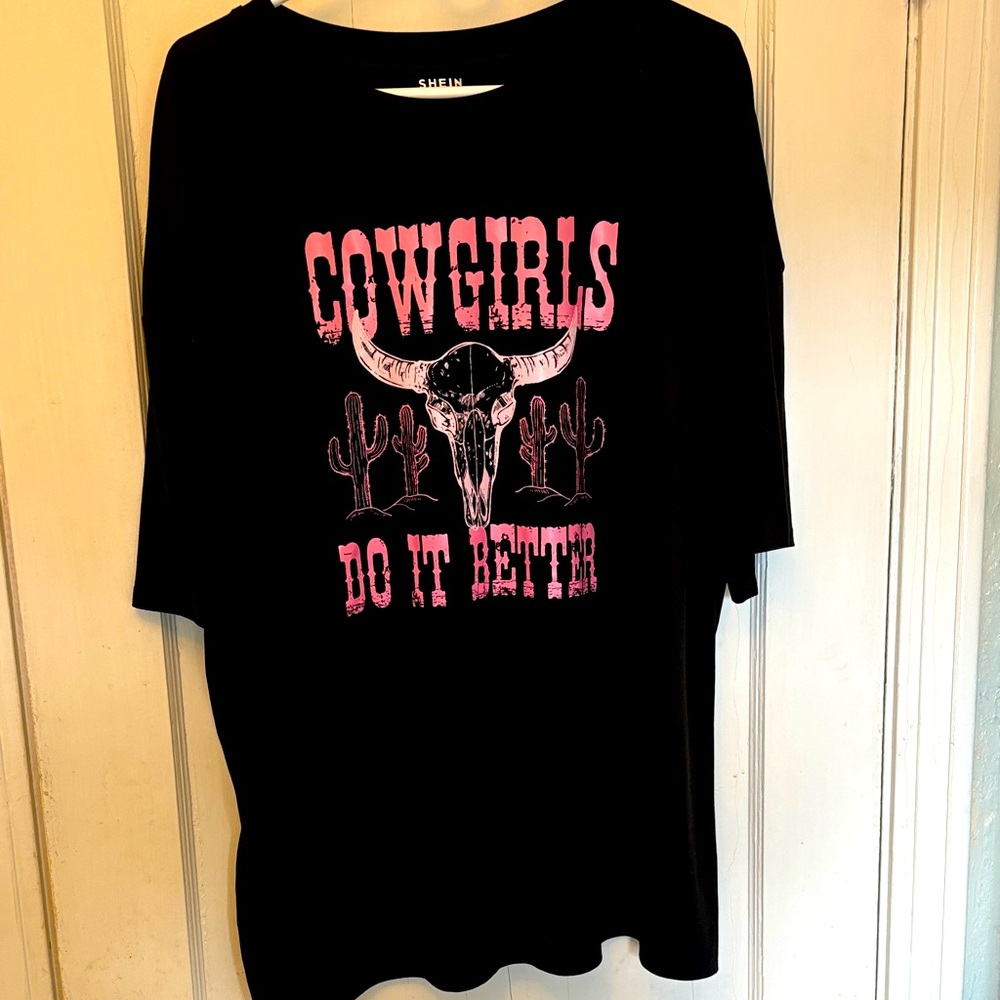 SHEIN Black Tee with Pink Cowgirl Design
